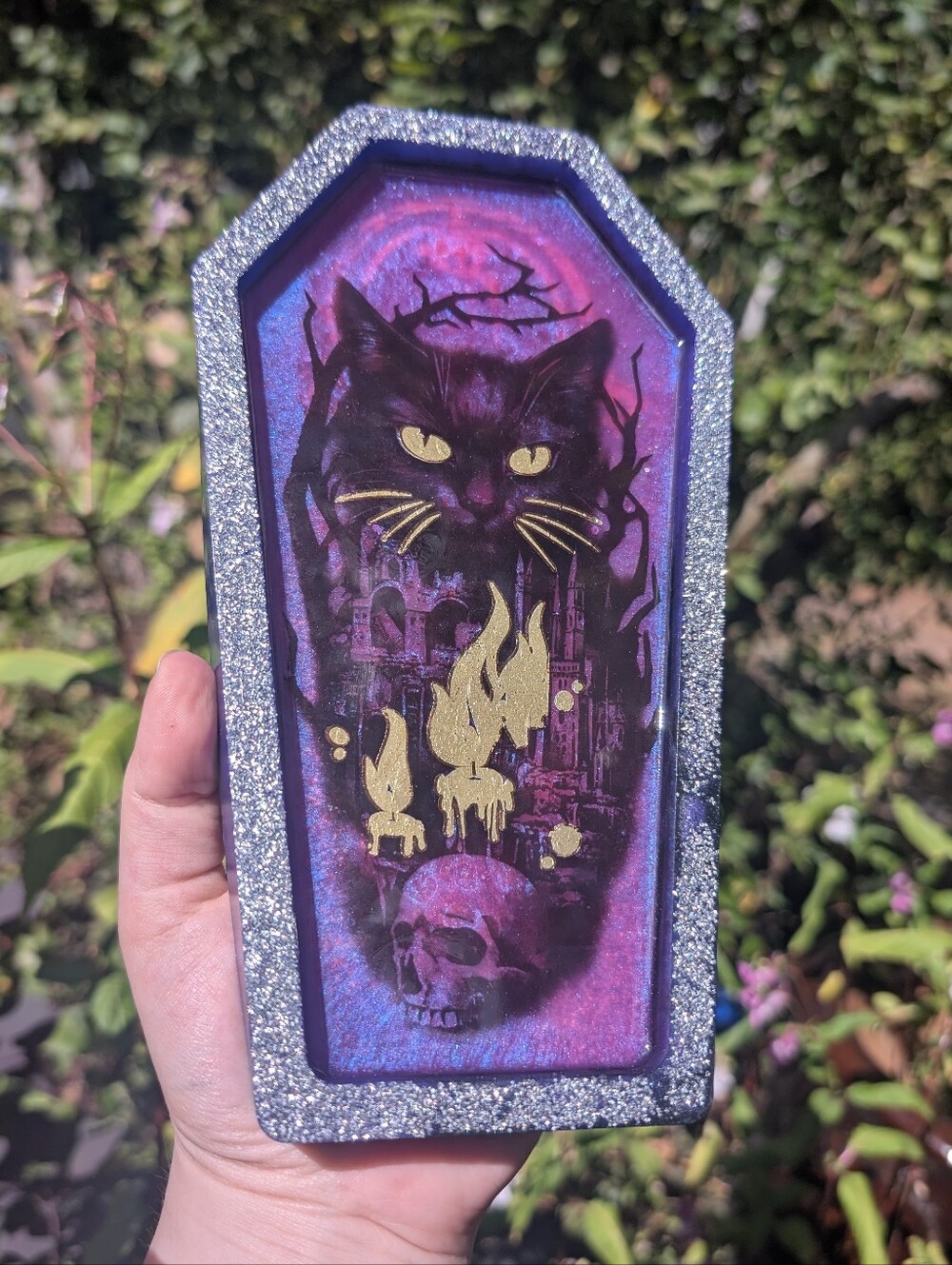 Handmade Black Cat Glitter Coffin Tray